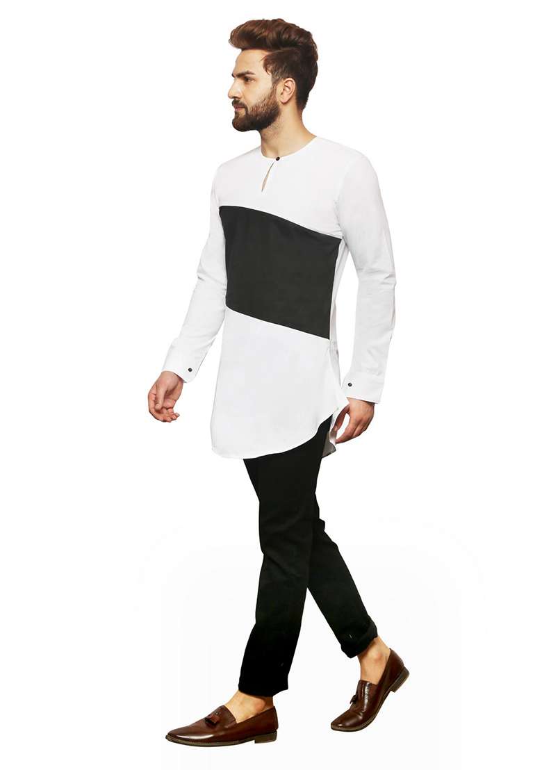 White Embroidery Sequins Work Cotton Blend Kurta Set For Men - Indya