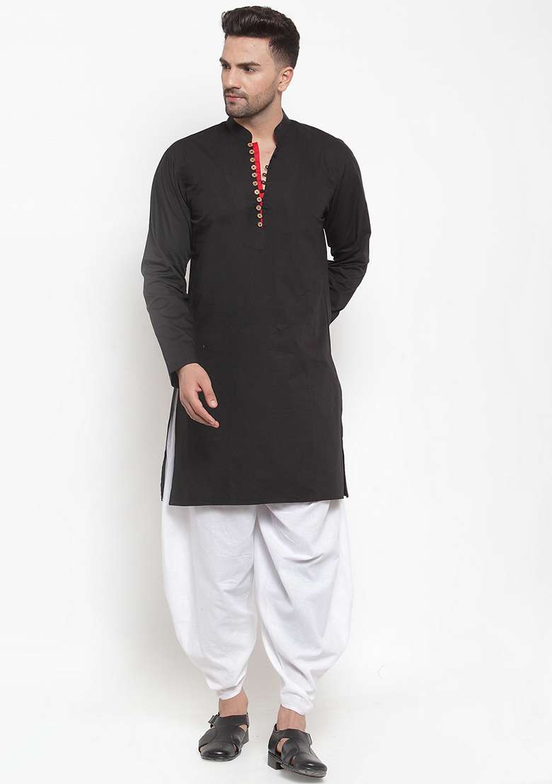 Black Embroidery Sequins Work Cotton Blend Kurta Set For Men - Indya