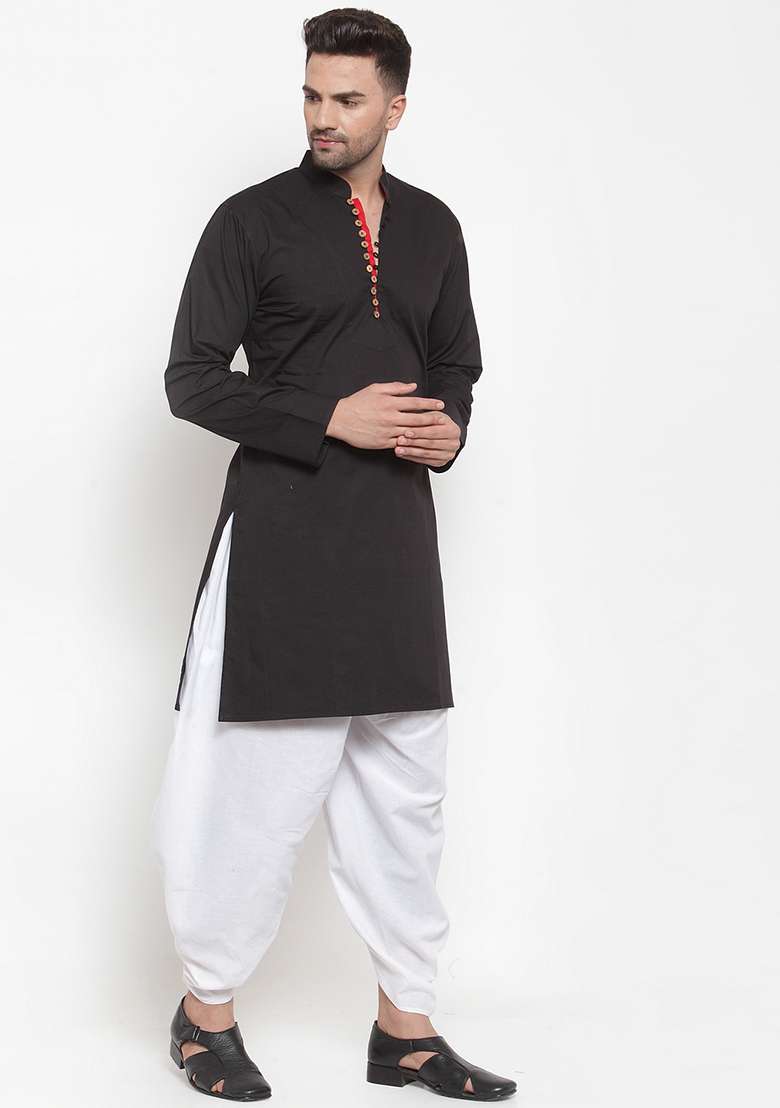 Black Embroidery Sequins Work Cotton Blend Kurta Set For Men - Indya