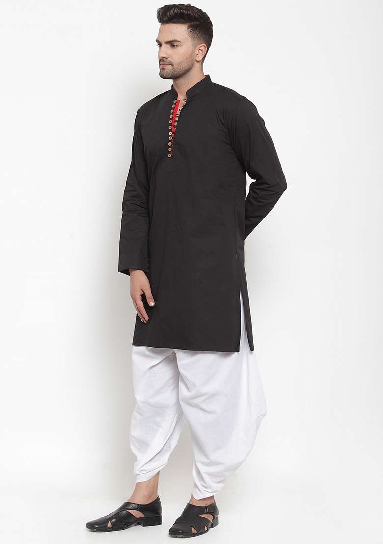 Black Embroidery Sequins Work Cotton Blend Kurta Set For Men - Indya