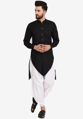 Black Embroidery Sequins Work Cotton Blend Kurta Set For Men