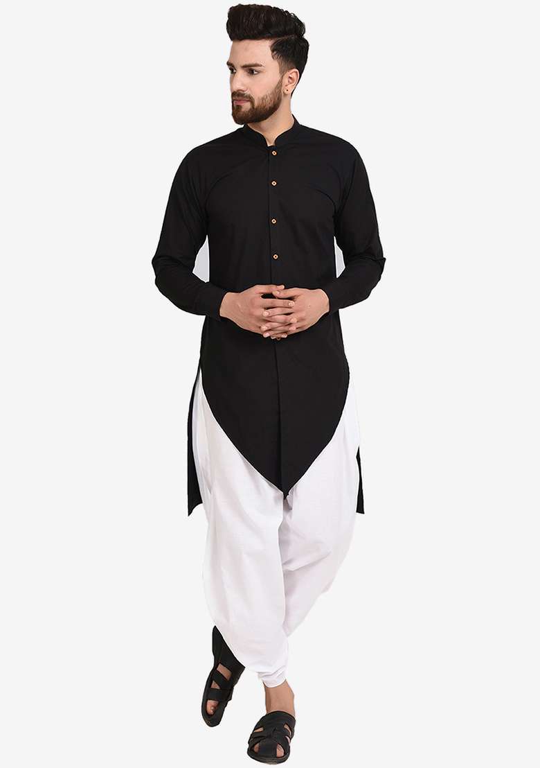 Black Embroidery Sequins Work Cotton Blend Kurta Set For Men - Indya