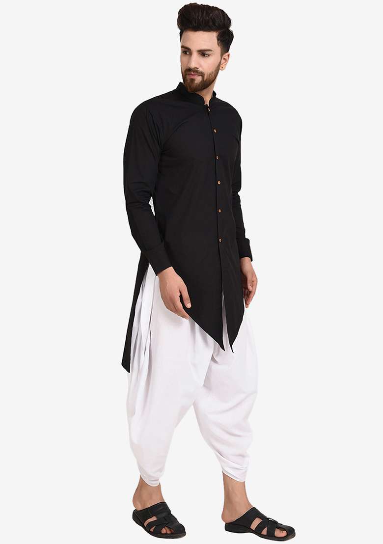 Black Embroidery Sequins Work Cotton Blend Kurta Set For Men - Indya