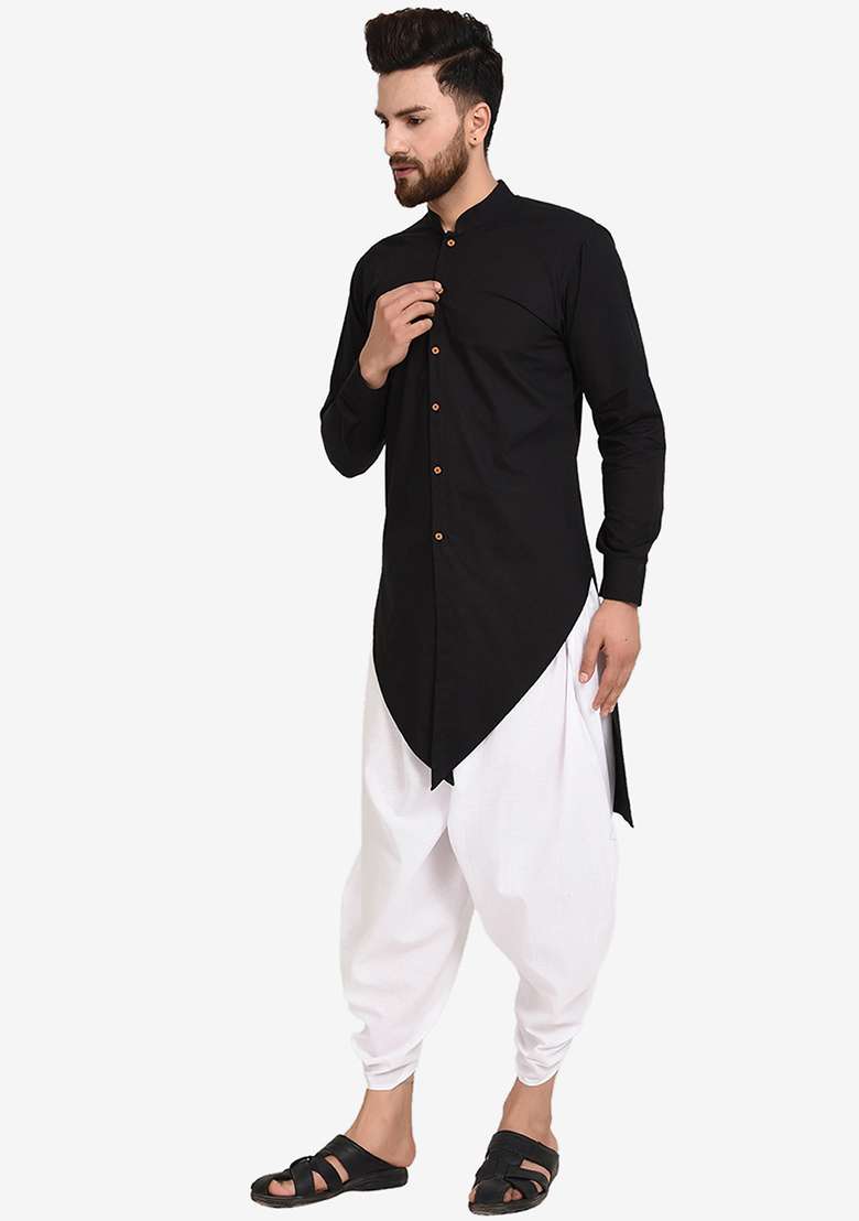 Black Embroidery Sequins Work Cotton Blend Kurta Set For Men - Indya