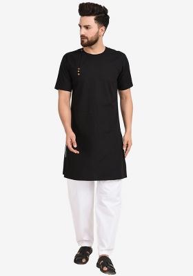 Black Embroidery Sequins Work Cotton Blend Kurta Set For Men