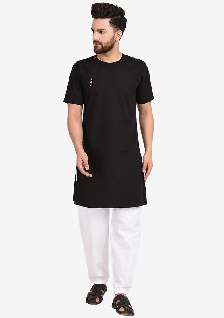 Black Embroidery Sequins Work Cotton Blend Kurta Set For Men - Indya