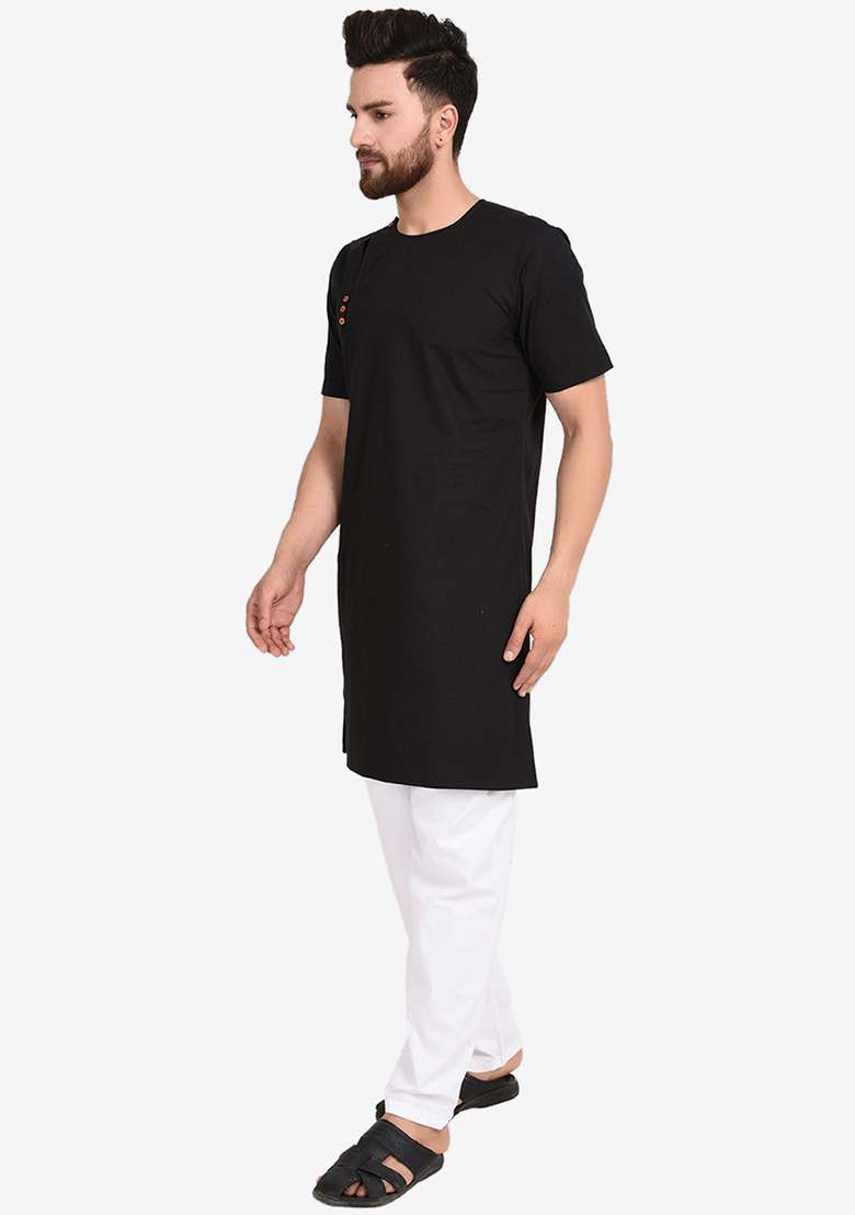 Black Embroidery Sequins Work Cotton Blend Kurta Set For Men - Indya