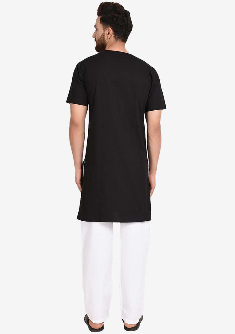 Black Embroidery Sequins Work Cotton Blend Kurta Set For Men - Indya