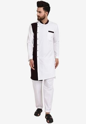 White Embroidery Sequins Work Cotton Blend Kurta Set For Men