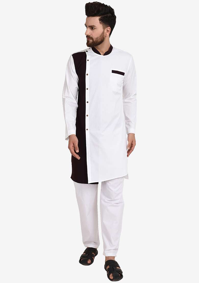 White Embroidery Sequins Work Cotton Blend Kurta Set For Men - Indya