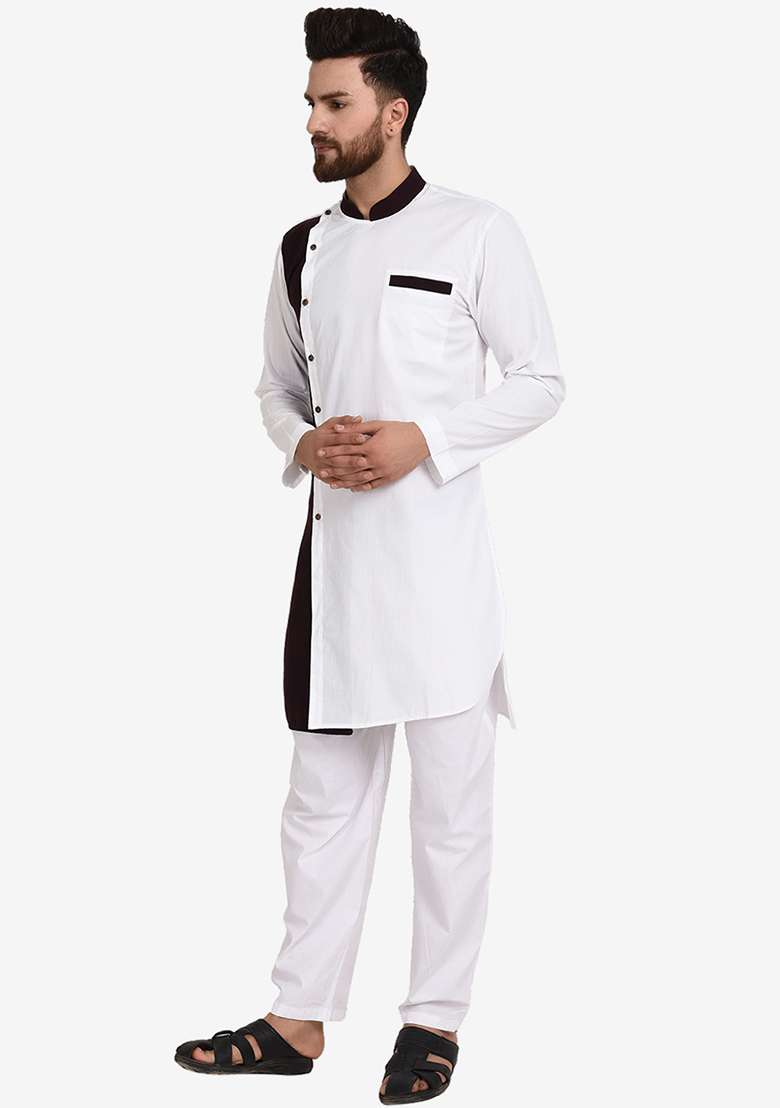 White Embroidery Sequins Work Cotton Blend Kurta Set For Men - Indya