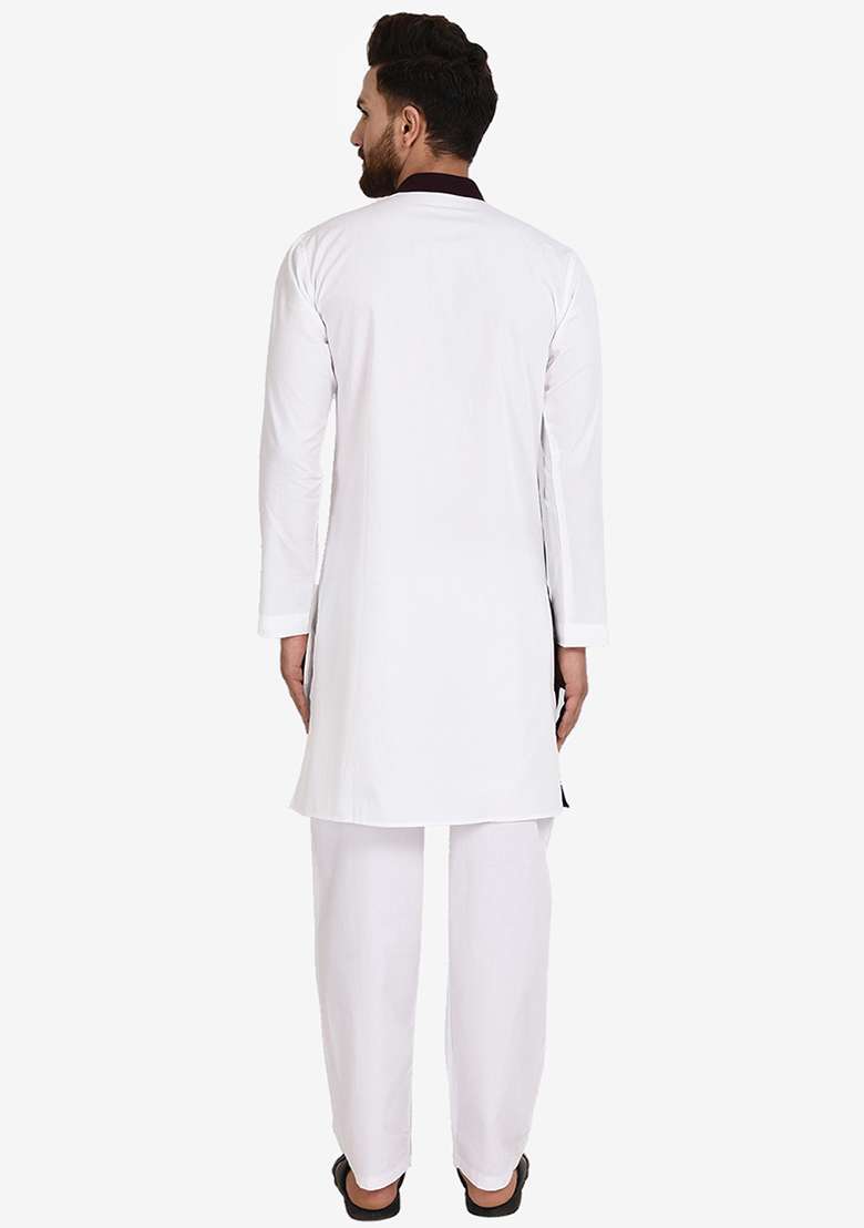 White Embroidery Sequins Work Cotton Blend Kurta Set For Men - Indya
