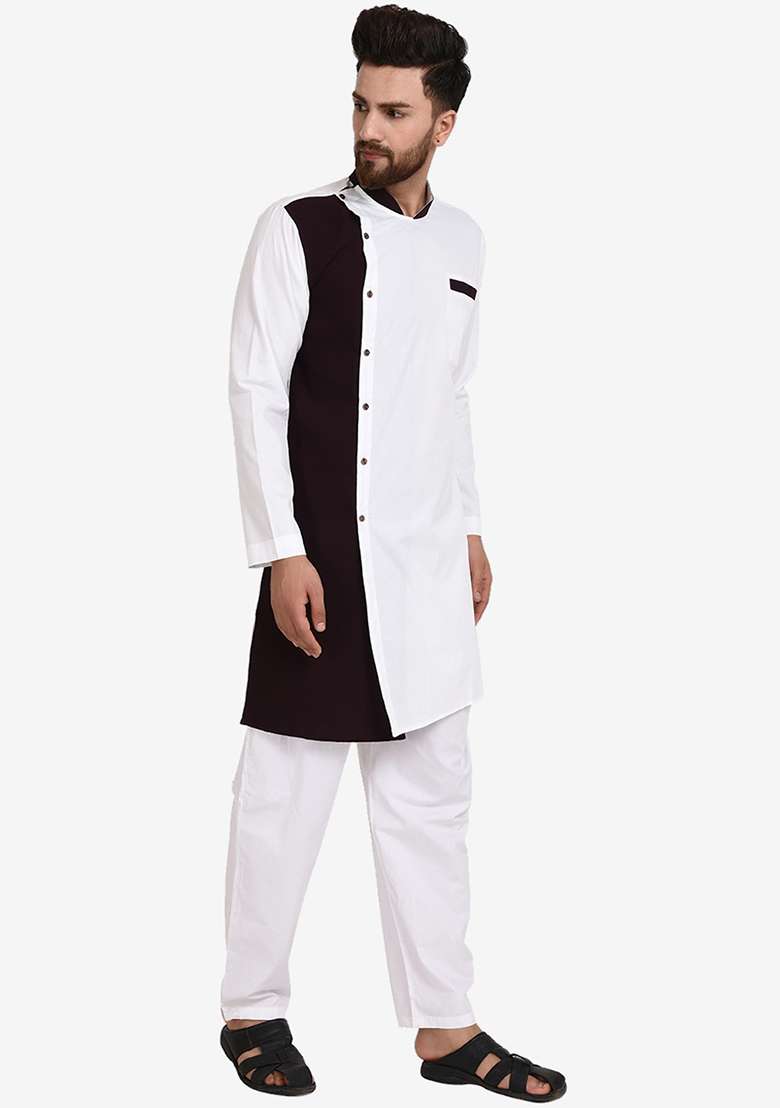 White Embroidery Sequins Work Cotton Blend Kurta Set For Men - Indya