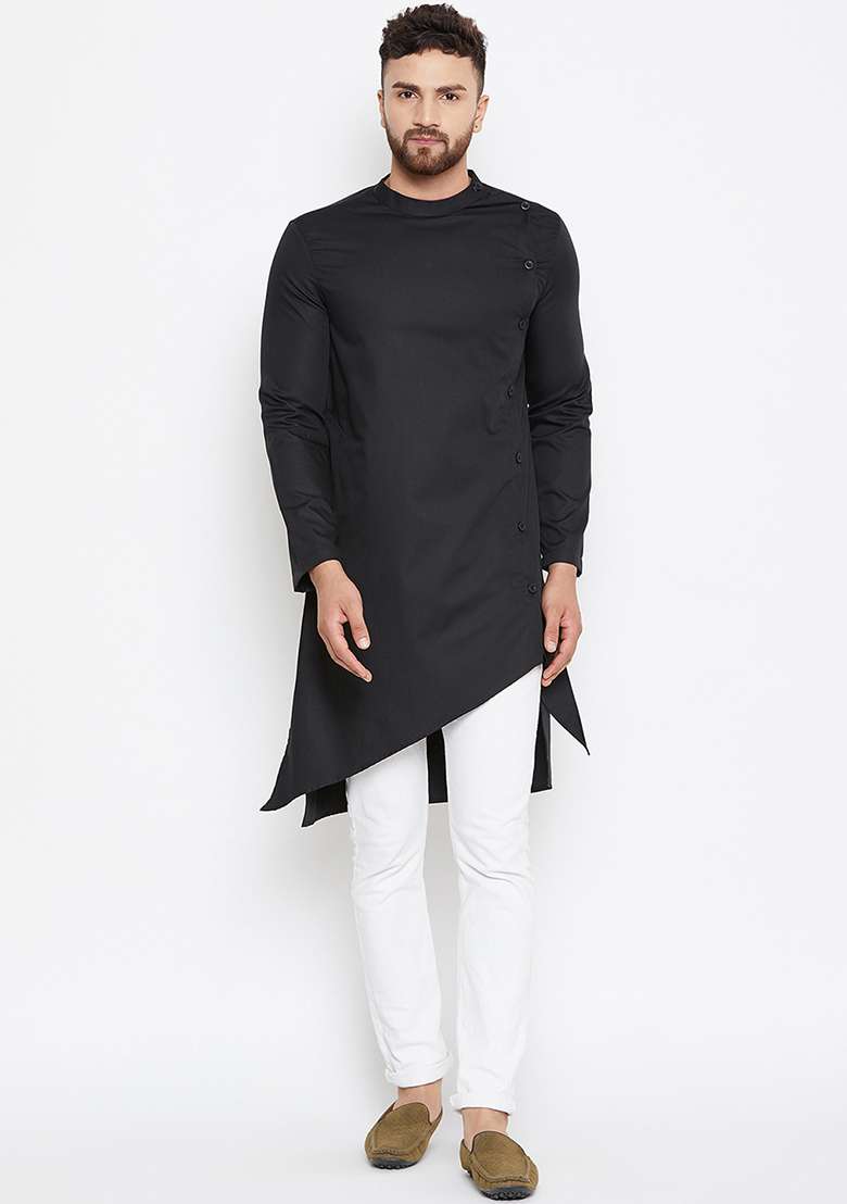 Black Embroidery Sequins Work Cotton Blend Kurta Set For Men - Indya