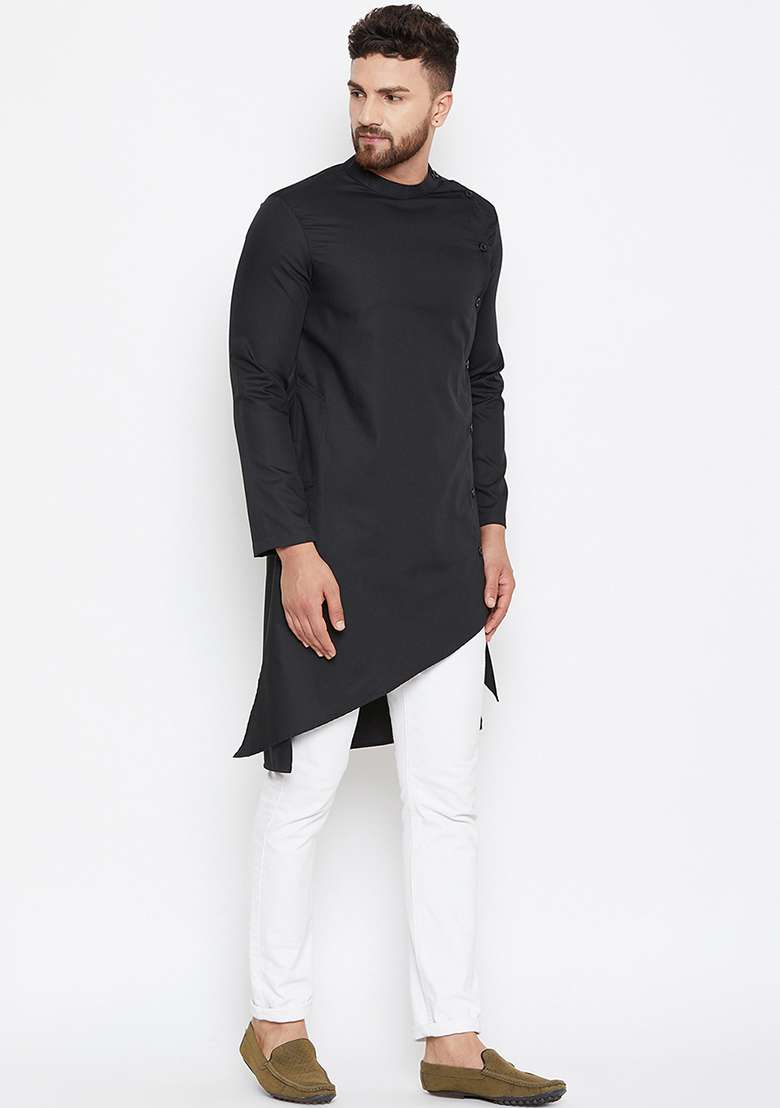 Black Embroidery Sequins Work Cotton Blend Kurta Set For Men - Indya