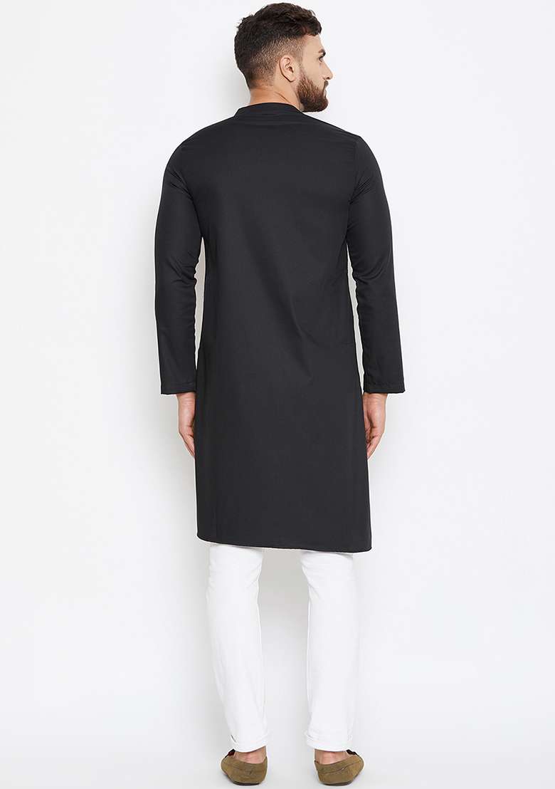 Black Embroidery Sequins Work Cotton Blend Kurta Set For Men - Indya