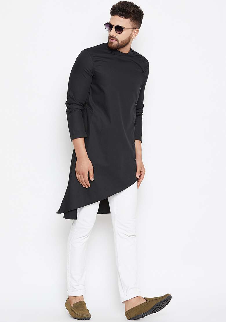 Black Embroidery Sequins Work Cotton Blend Kurta Set For Men - Indya