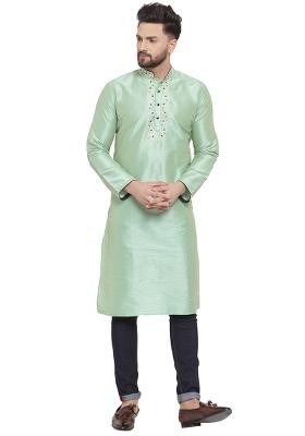 Green Embroidery Sequins Work Dupion Silk Kurta Set For Men