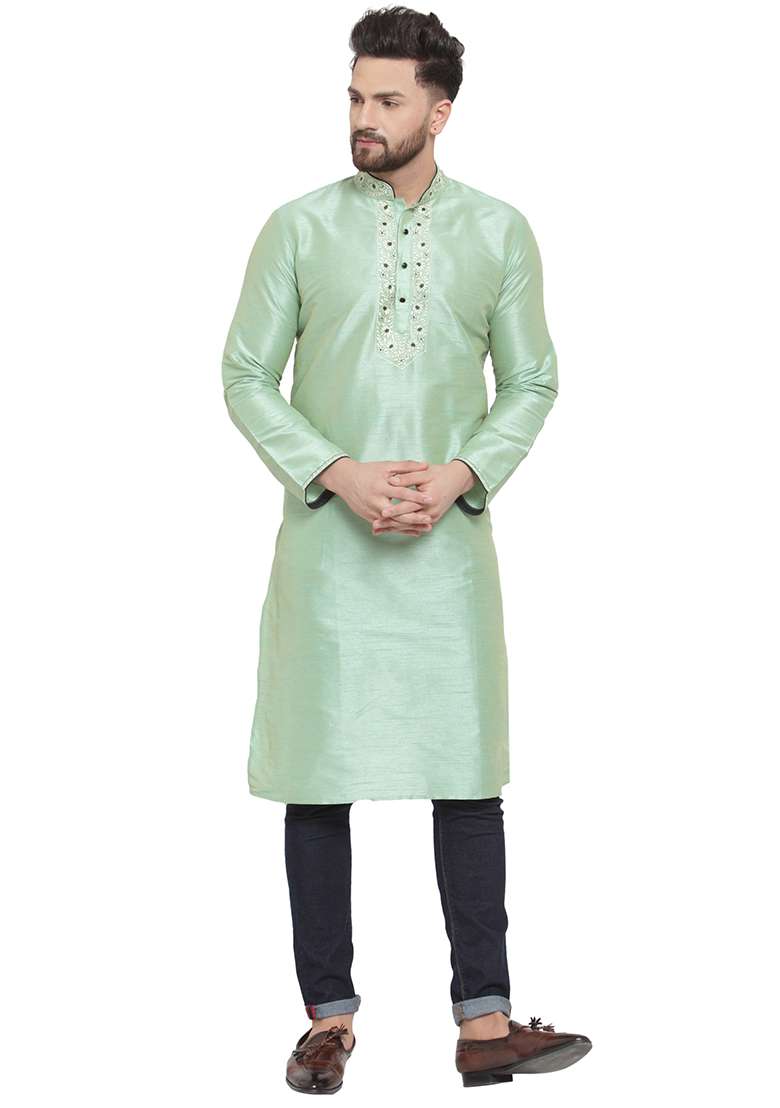 Green Embroidery Sequins Work Dupion Silk Blend Kurta Set For Men - Indya