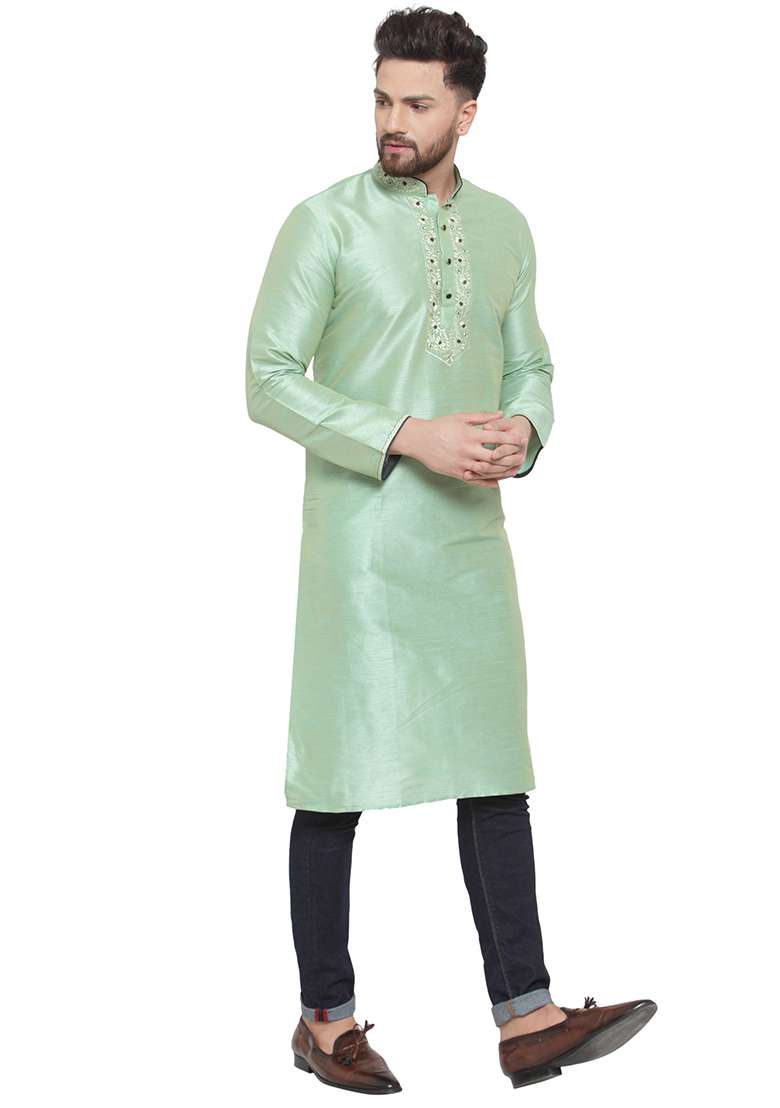 Green Embroidery Sequins Work Dupion Silk Blend Kurta Set For Men - Indya