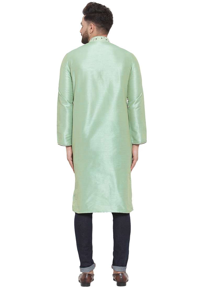Green Embroidery Sequins Work Dupion Silk Blend Kurta Set For Men - Indya