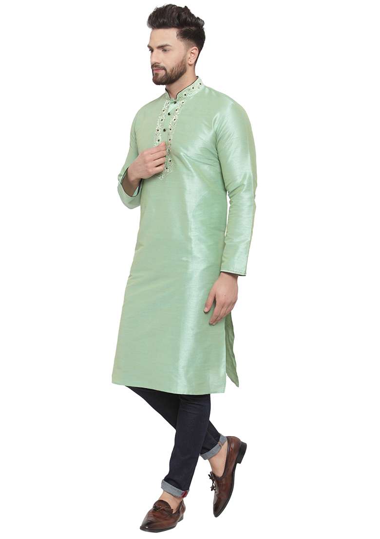 Green Embroidery Sequins Work Dupion Silk Blend Kurta Set For Men - Indya