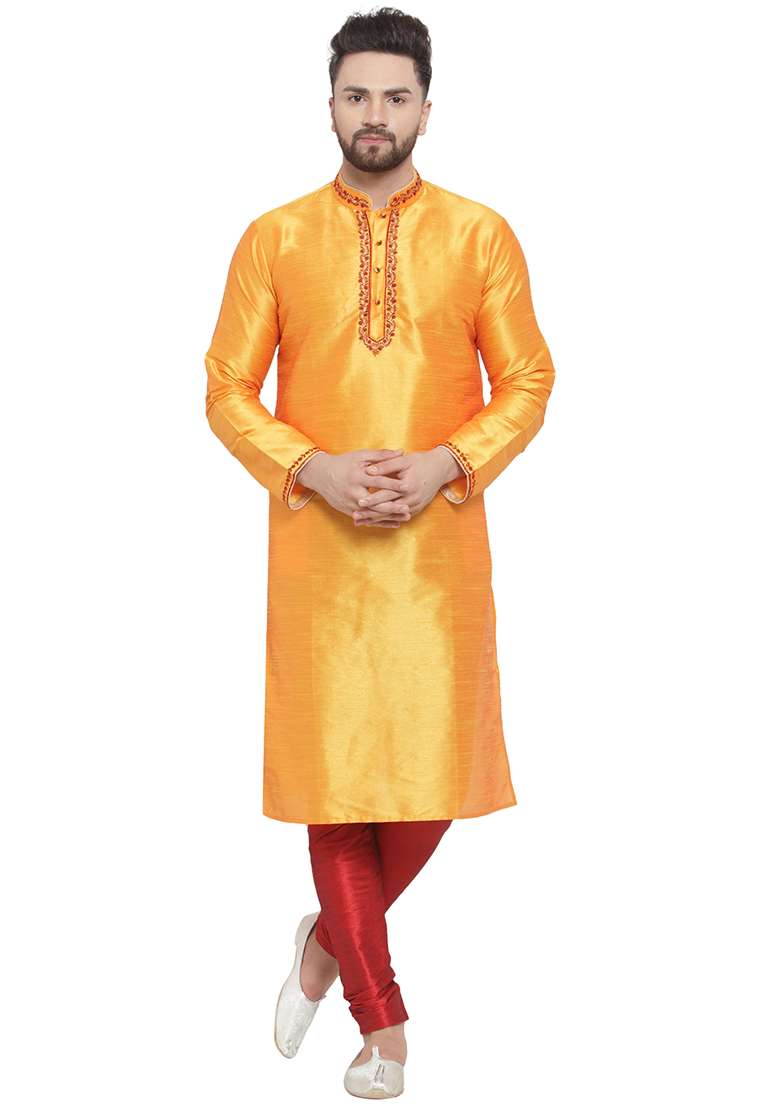 Yellow Embroidery Sequins Work Dupion Silk Blend Kurta Set For Men - Indya
