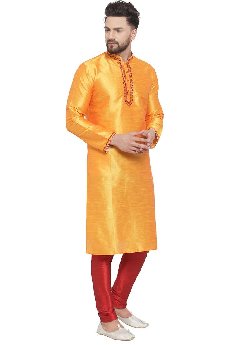 Yellow Embroidery Sequins Work Dupion Silk Blend Kurta Set For Men - Indya
