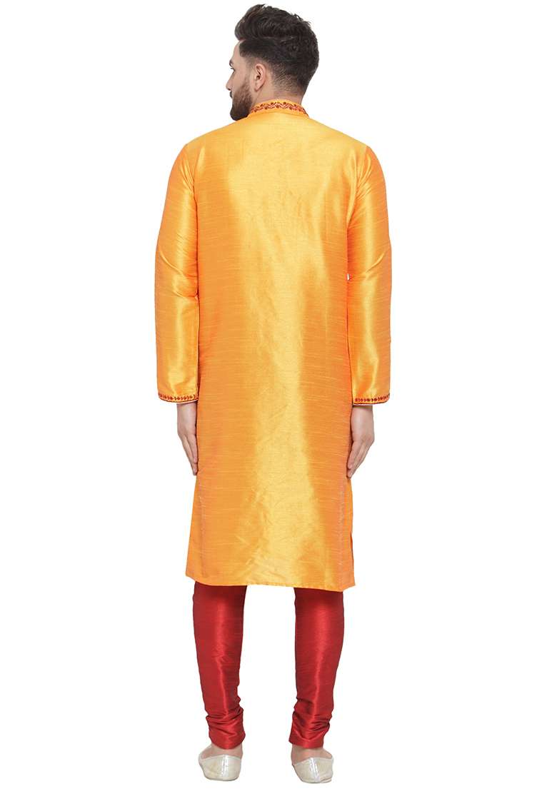 Yellow Embroidery Sequins Work Dupion Silk Blend Kurta Set For Men - Indya