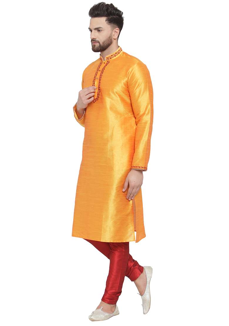Yellow Embroidery Sequins Work Dupion Silk Blend Kurta Set For Men - Indya