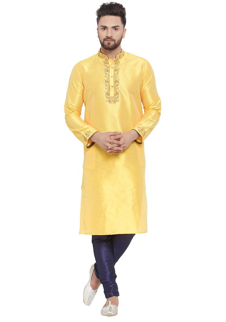 Yellow Embroidery Sequins Work Dupion Silk Blend Kurta Set For Men - Indya