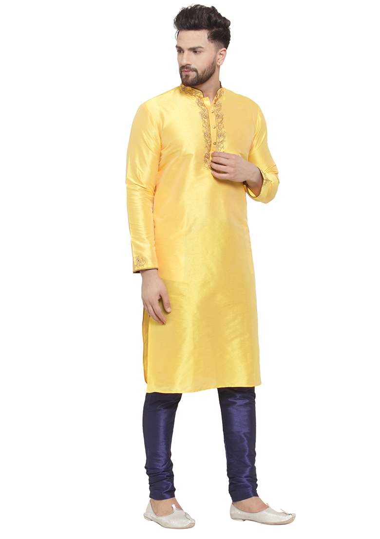 Yellow Embroidery Sequins Work Dupion Silk Blend Kurta Set For Men - Indya