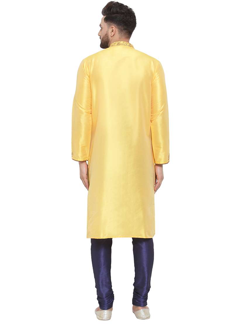 Yellow Embroidery Sequins Work Dupion Silk Blend Kurta Set For Men - Indya