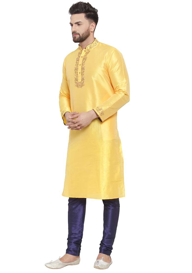 Yellow Embroidery Sequins Work Dupion Silk Blend Kurta Set For Men - Indya