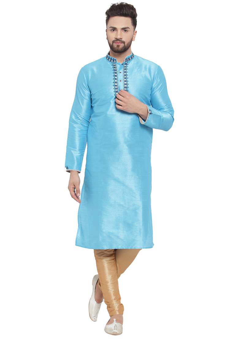 Aqua Blue Embroidery Sequins Work Dupion Silk Blend Kurta Set For Men - Indya