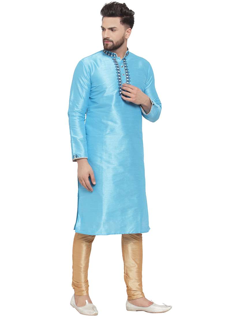 Aqua Blue Embroidery Sequins Work Dupion Silk Blend Kurta Set For Men - Indya