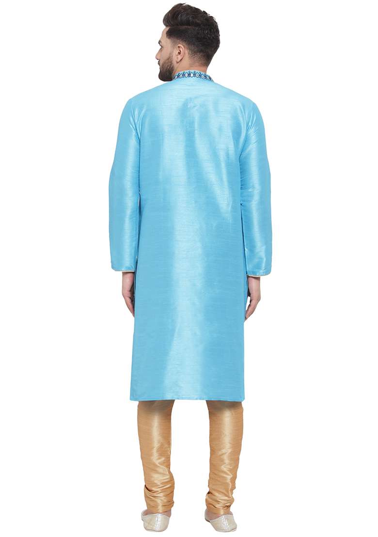 Aqua Blue Embroidery Sequins Work Dupion Silk Blend Kurta Set For Men - Indya