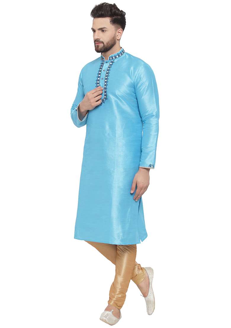 Aqua Blue Embroidery Sequins Work Dupion Silk Blend Kurta Set For Men - Indya