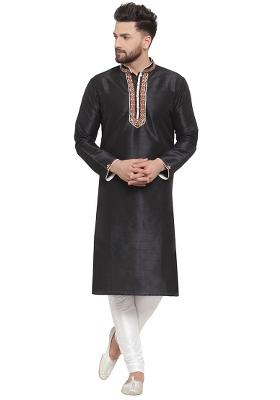 Black Embroidery Sequins Work Dupion Silk Kurta Set For Men