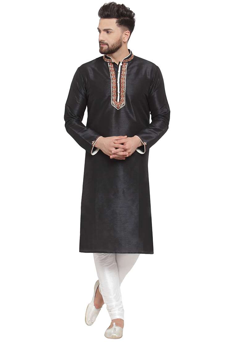 Black Embroidery Sequins Work Dupion Silk Blend Kurta Set For Men - Indya