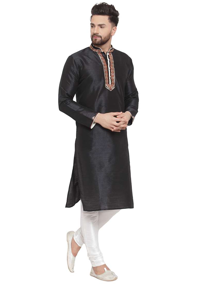 Black Embroidery Sequins Work Dupion Silk Blend Kurta Set For Men - Indya
