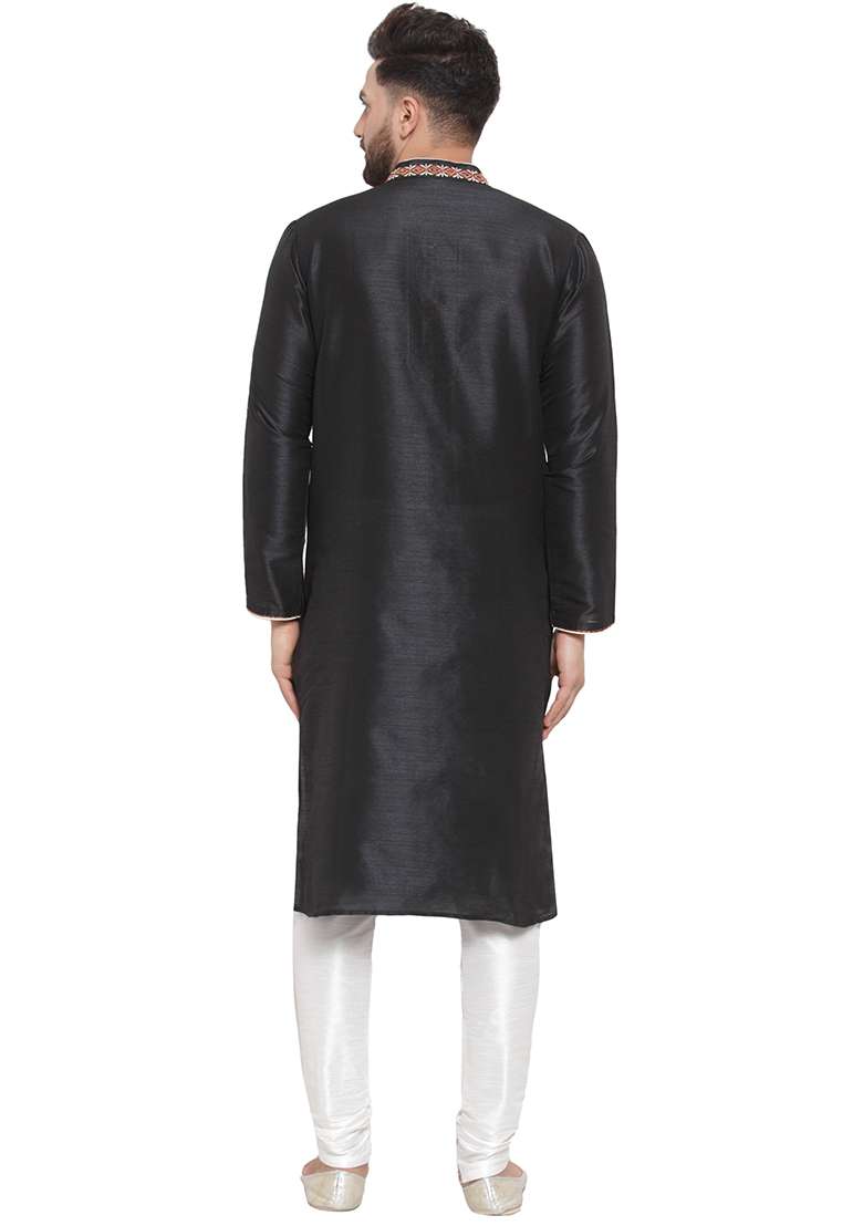 Black Embroidery Sequins Work Dupion Silk Blend Kurta Set For Men - Indya
