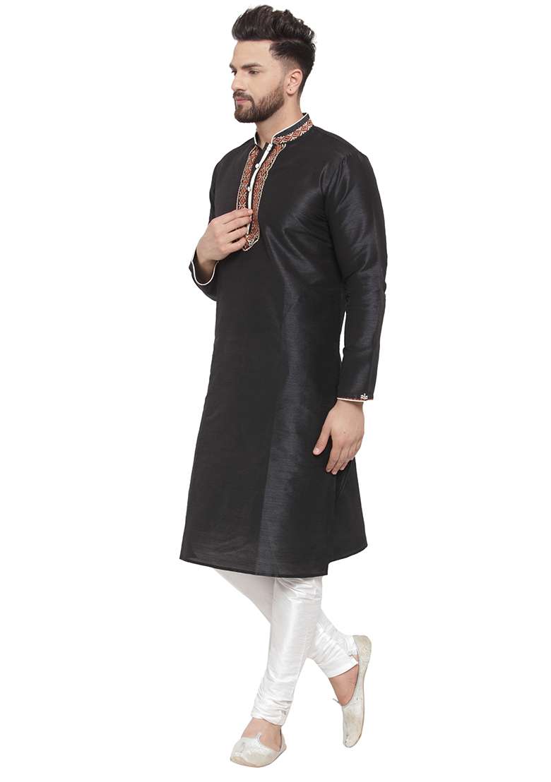 Black Embroidery Sequins Work Dupion Silk Blend Kurta Set For Men - Indya