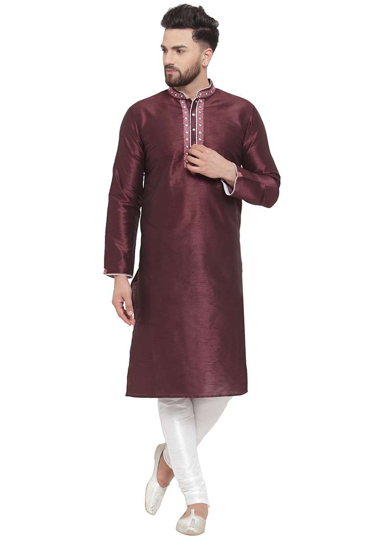 Purple Embroidery Sequins Work Dupion Silk Blend Kurta Set For Men - Indya