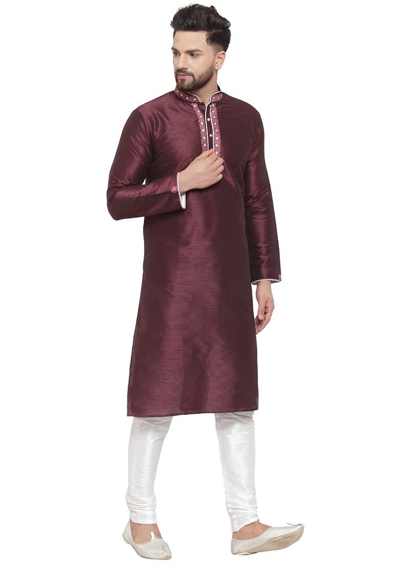 Purple Embroidery Sequins Work Dupion Silk Blend Kurta Set For Men - Indya