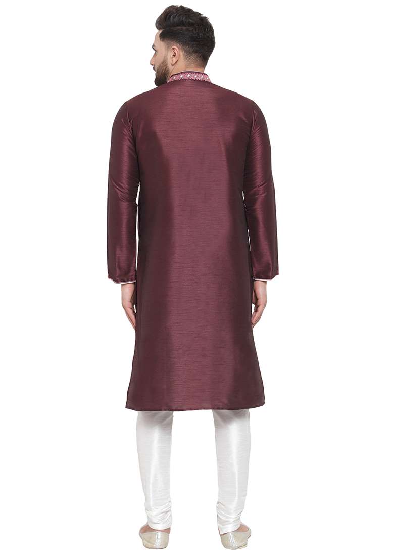 Purple Embroidery Sequins Work Dupion Silk Blend Kurta Set For Men - Indya