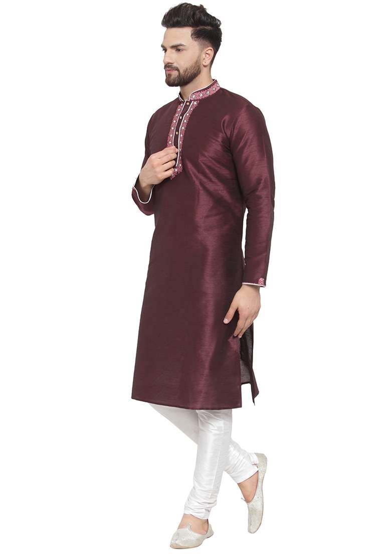 Purple Embroidery Sequins Work Dupion Silk Blend Kurta Set For Men - Indya