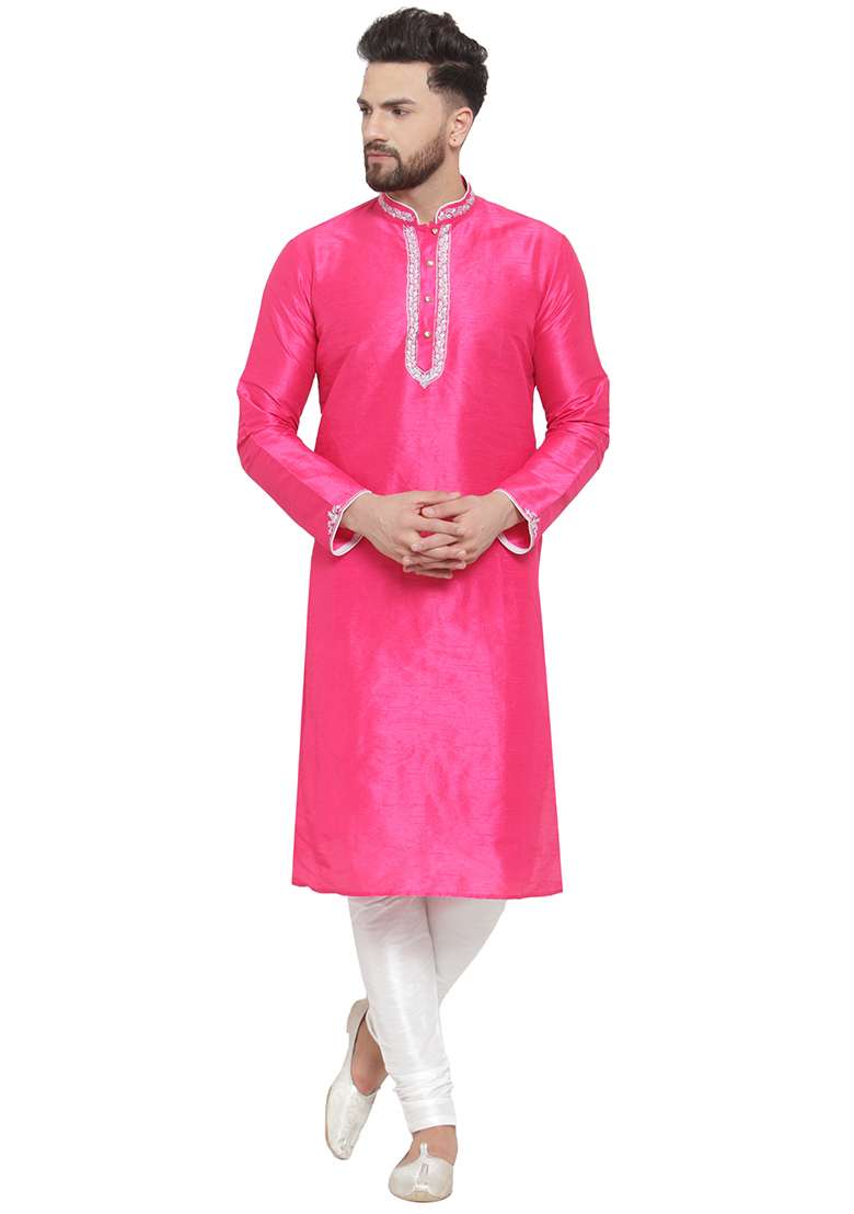 Dark Pink Embroidery Sequins Work Dupion Silk Blend Kurta Set For Men - Indya