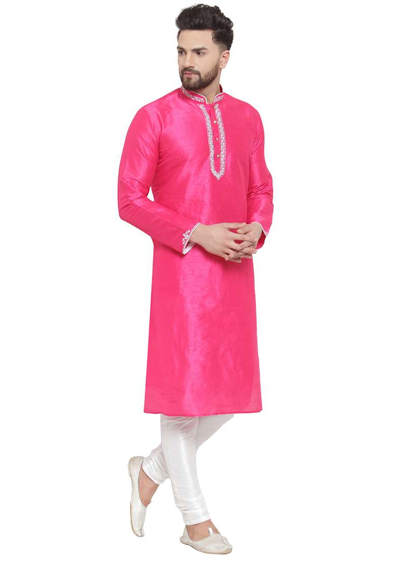 Dark Pink Embroidery Sequins Work Dupion Silk Blend Kurta Set For Men - Indya