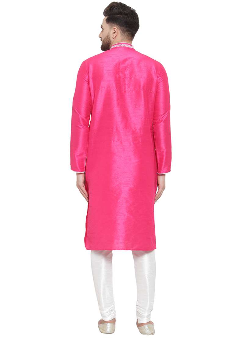 Dark Pink Embroidery Sequins Work Dupion Silk Blend Kurta Set For Men - Indya